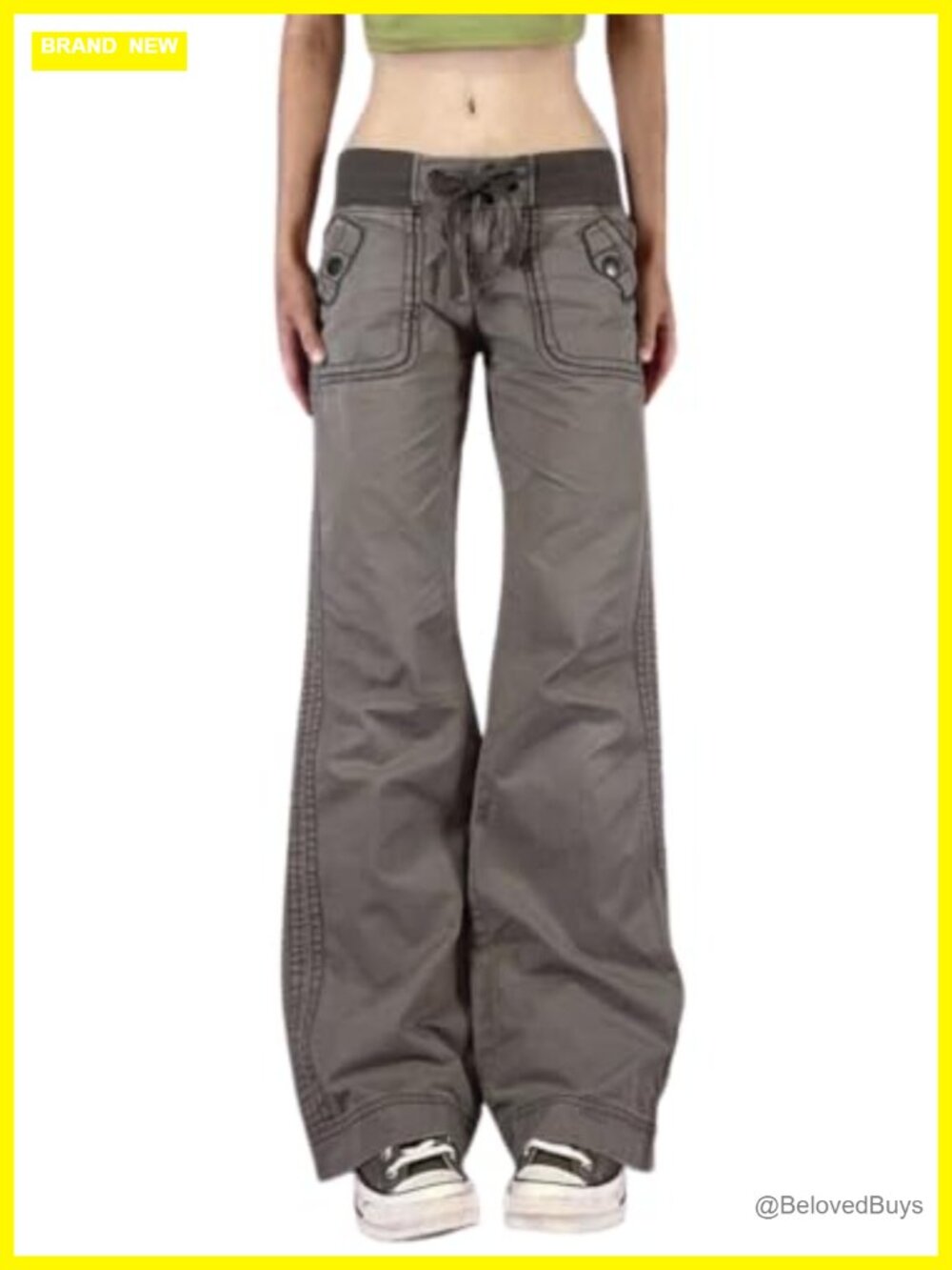 Wide Leg Low Rise Drawstring Flare Pants Cotton Blend